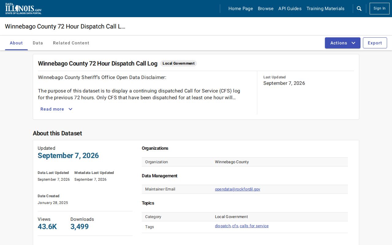 Winnebago County 72-hour police dispatch blotter interface