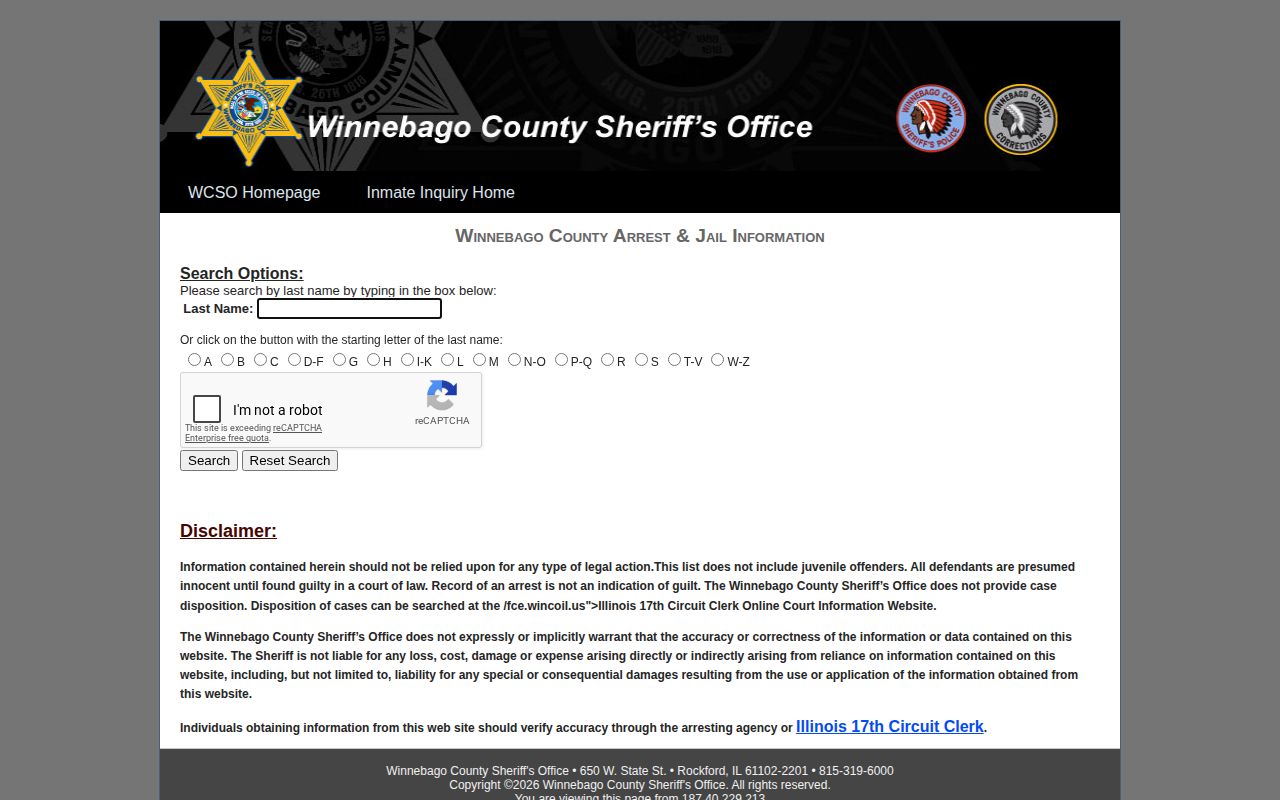 Winnebago County official inmate inquiry search screen