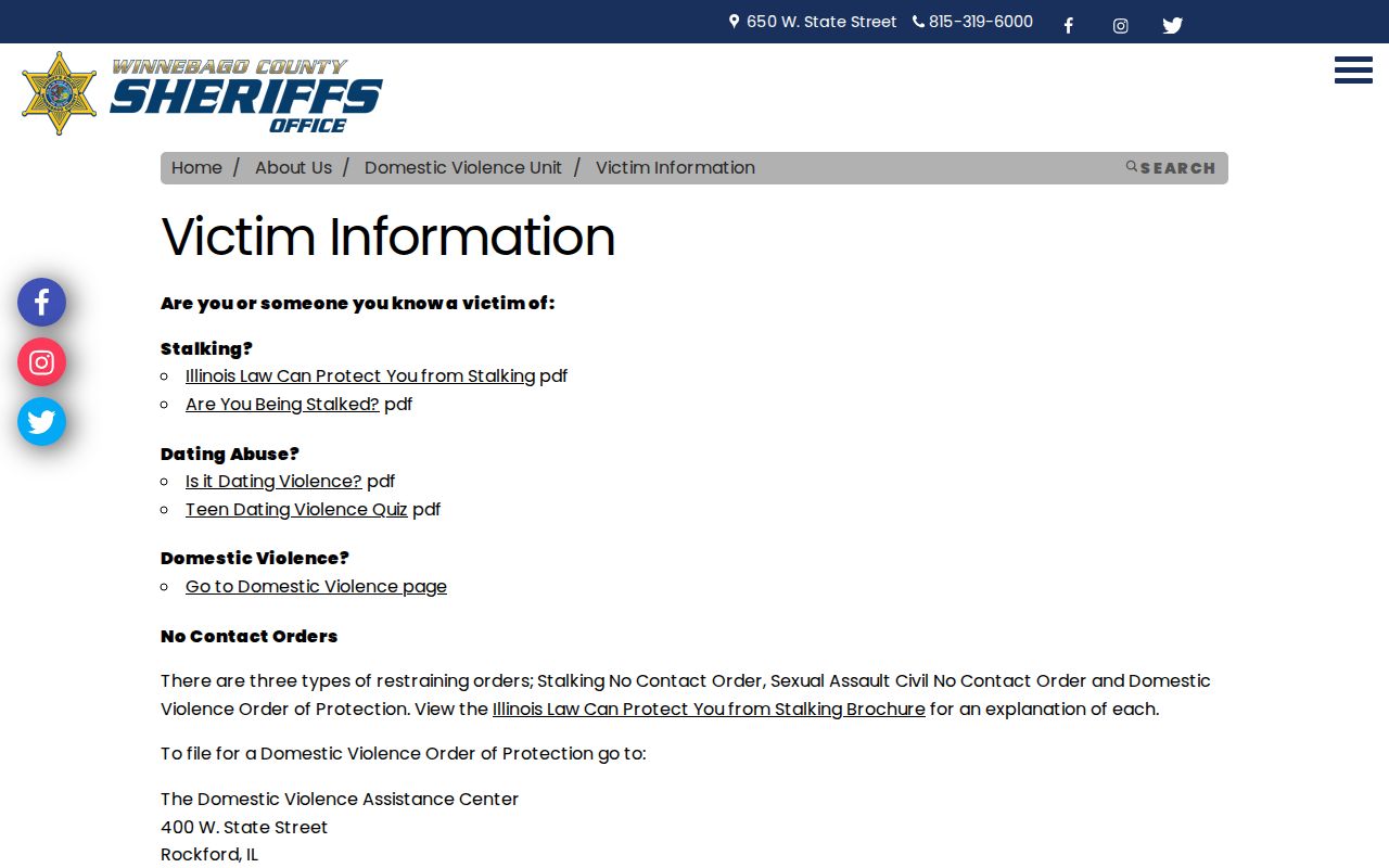 Winnebago County Sheriff's Office victim information for VINE custody and release alerts