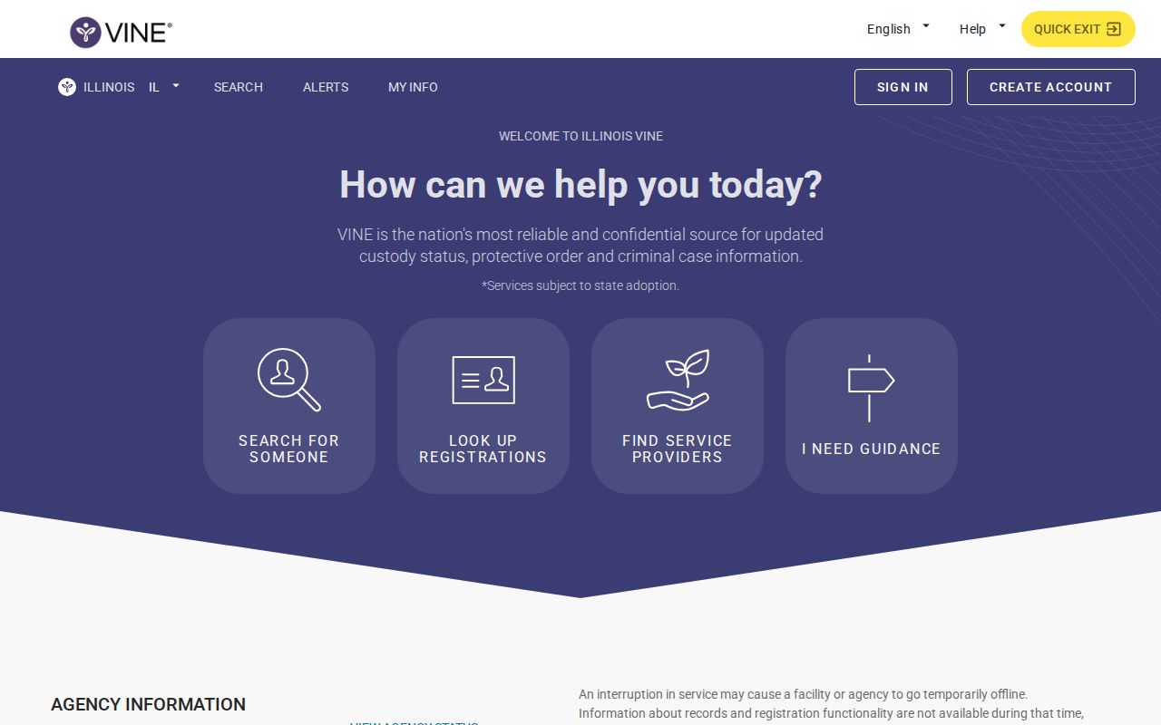 Illinois VINELink search screen for Winnebago County custody records
