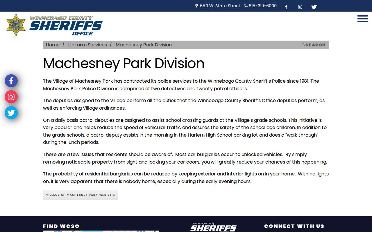 Winnebago County Sheriff's Police Machesney Park Division page