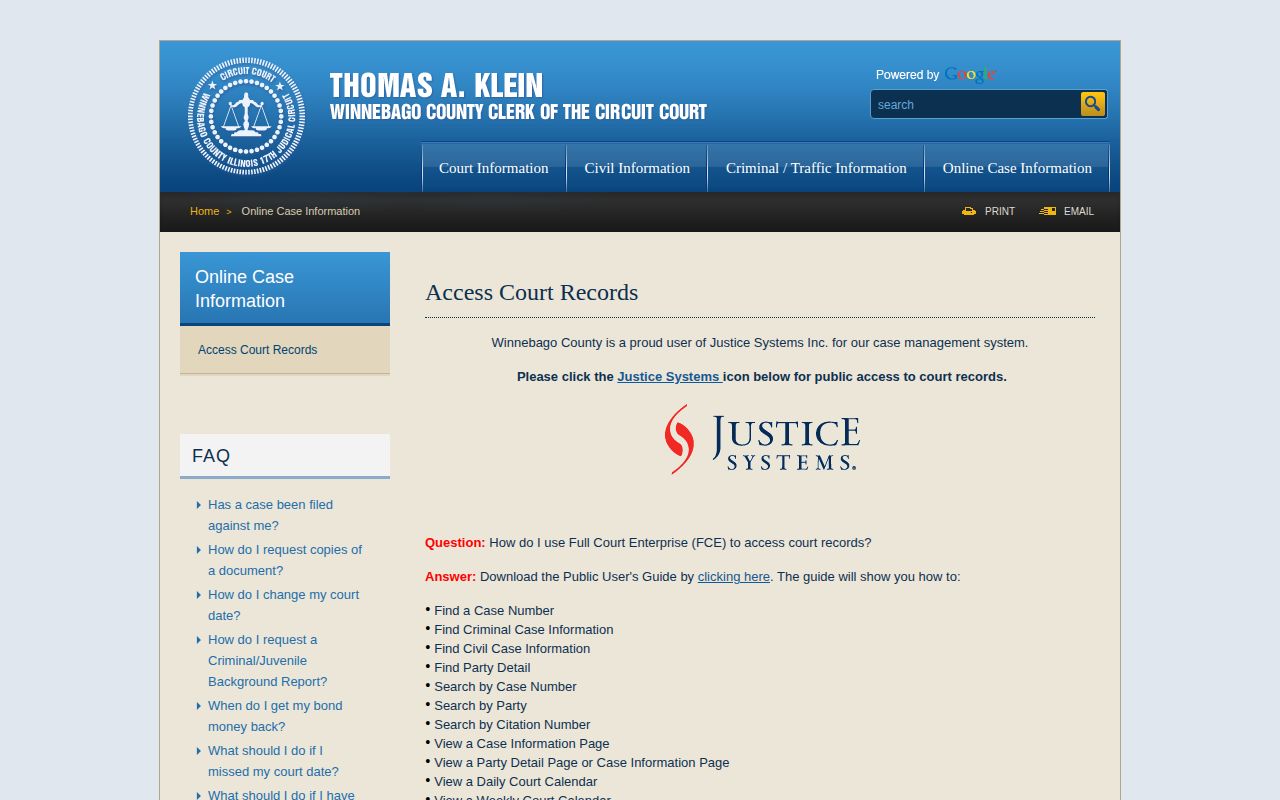 Winnebago County Circuit Clerk court record access page