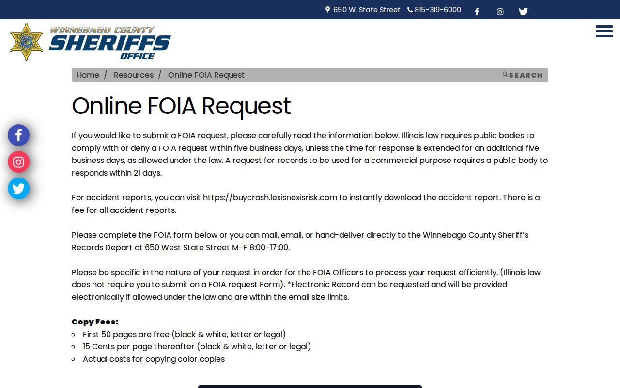 Winnebago County Sheriff's Office online FOIA request page
